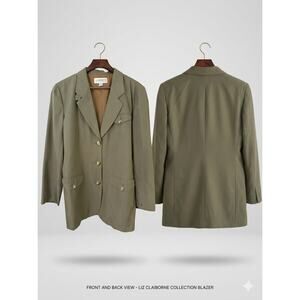 Vtg Liz Claiborne Silk Cotton Blend Safari Blazer Olive Green Utility Aesthetic